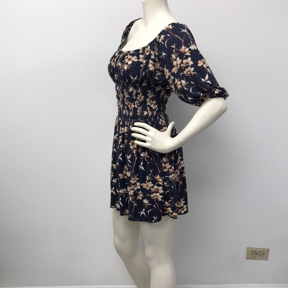 Dresses & Skirts - Large Navy Blue Floral Dress with Smocked Waist